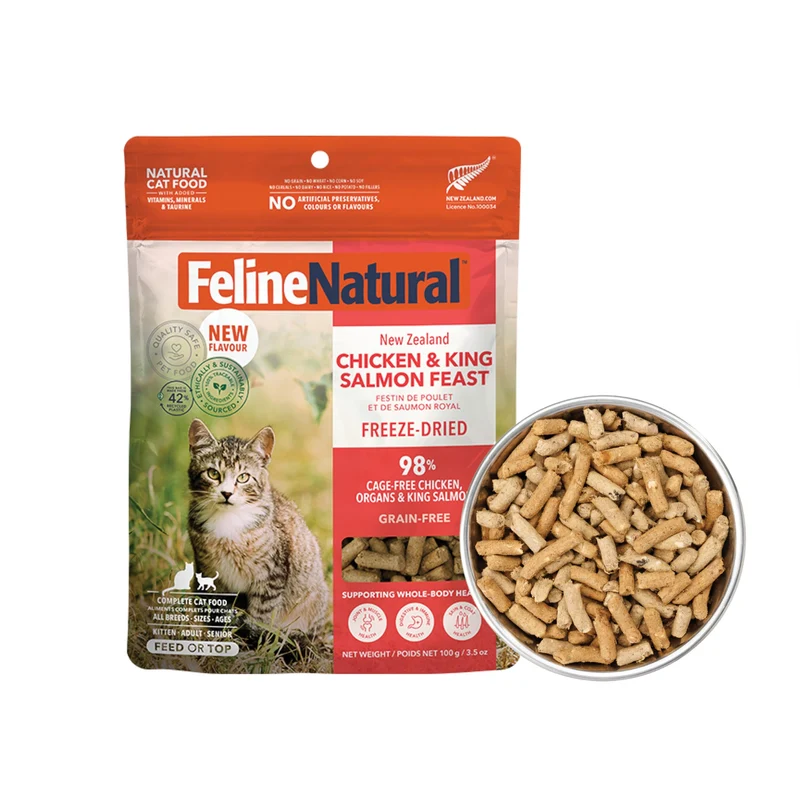 Feline Natural Nourriture pour Chat Lyophilisée – Sans céréales, haute teneur en protéines – Poulet & Saumon, Nouvelle-Zélande, 3,5 oz (100 g)