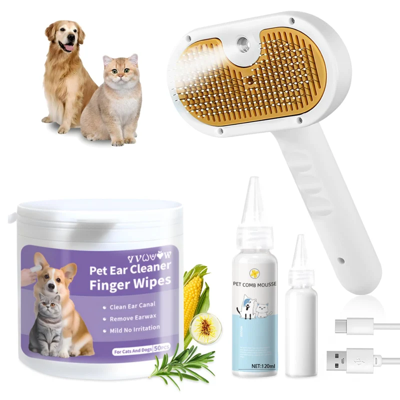 VVWVVW Brosse Vapeur 3-en-1 pour Chien et Chat – Démêlage, Soin du Pelage et Shampoing Sans Eau