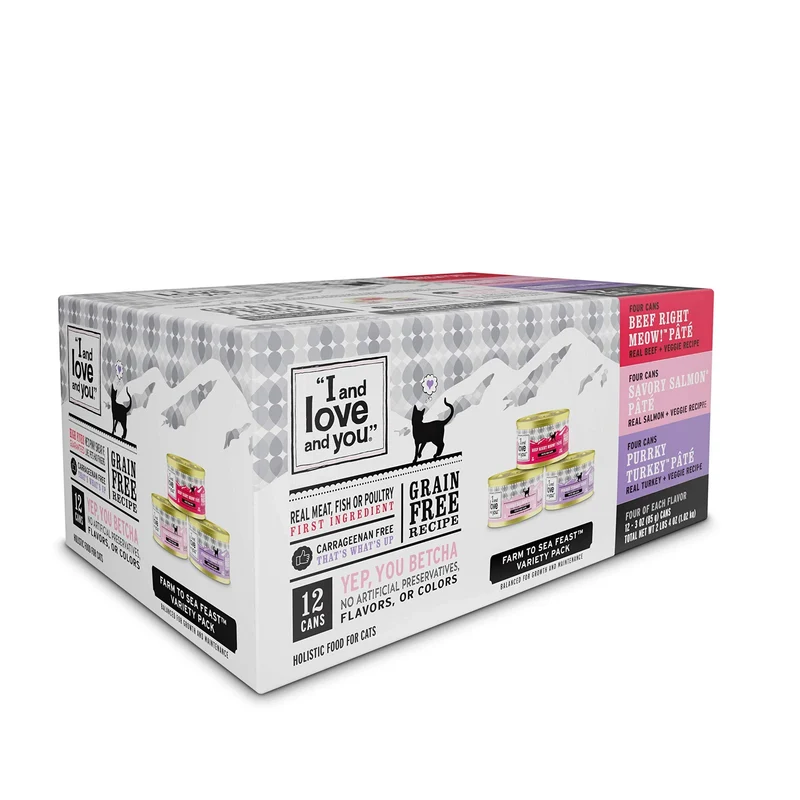 I AND LOVE AND YOU Naked Essentials – Lot Découverte de Pâté Humide pour Chat (Boeuf, Saumon et Poulet, Dinde) – 12 Boîtes de 85 g