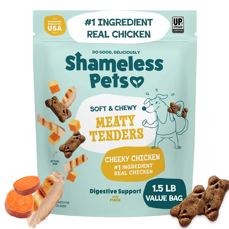 Shameless Pets Cheeky Chicken Meaty Tenders – Friandises souples et moelleuses au poulet (1,5 lb) Sans céréales
