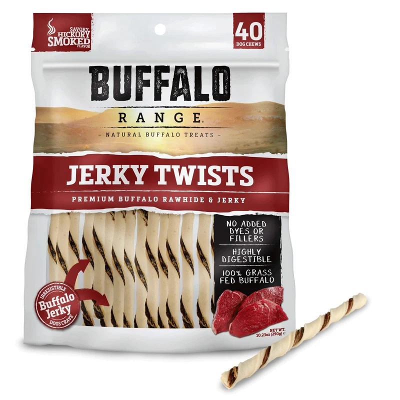Buffalo Range Friandises Sans Rawhide pour Chiens – Torsades Jerky au Bœuf Grass-Fed, Saveur Hickory (40 pièces)