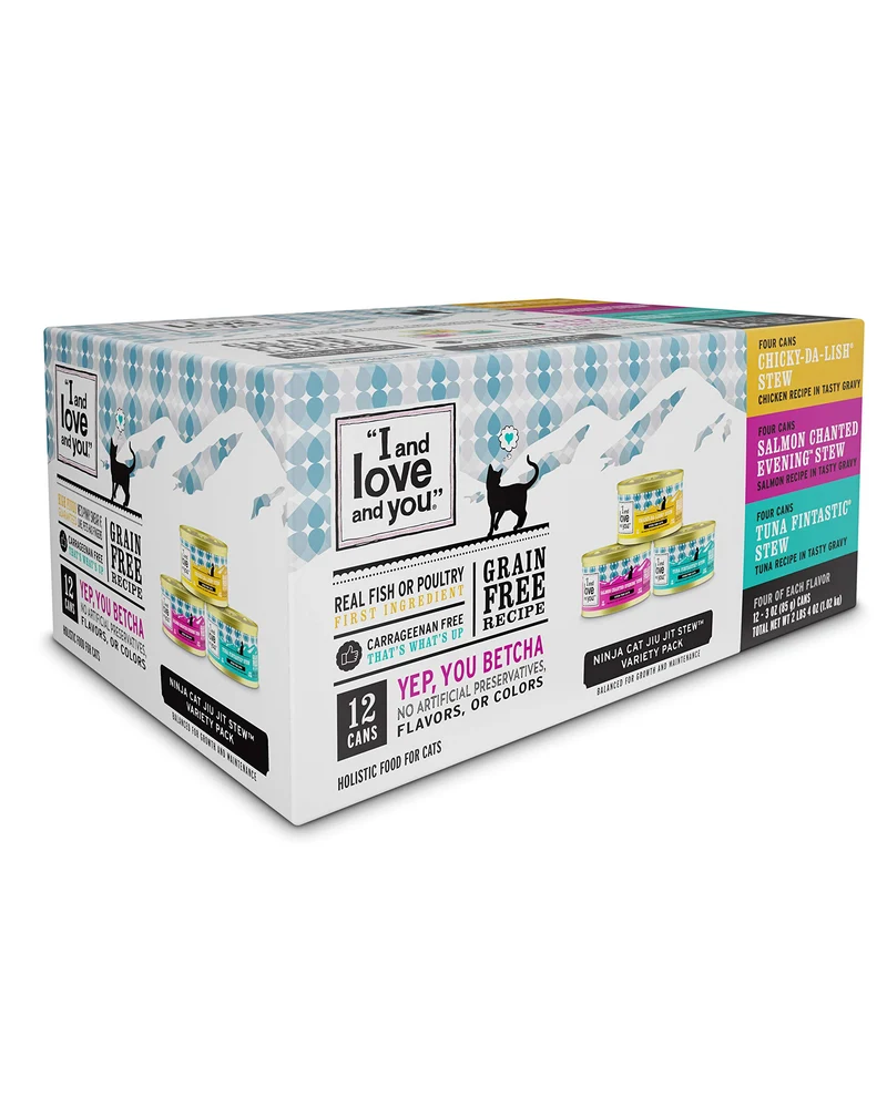 I and love and you – Stew humide pour chat Ninja Cat Jiu Jit, variété Poulet/Saumon/Thon, sans céréales et sans agents de remplissage, 12 boîtes de 85 g