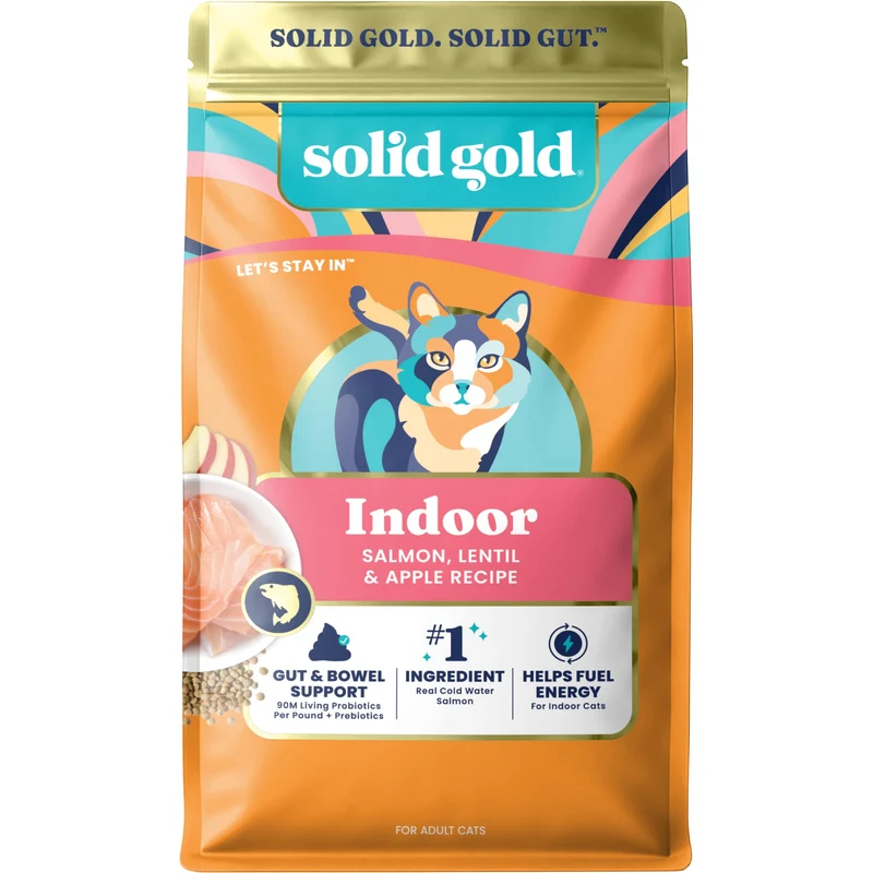 Solid Gold – Croquettes sèches pour chats d’intérieur au saumon | Sans céréales, sans gluten | Probiotiques et fibres – 3 lb