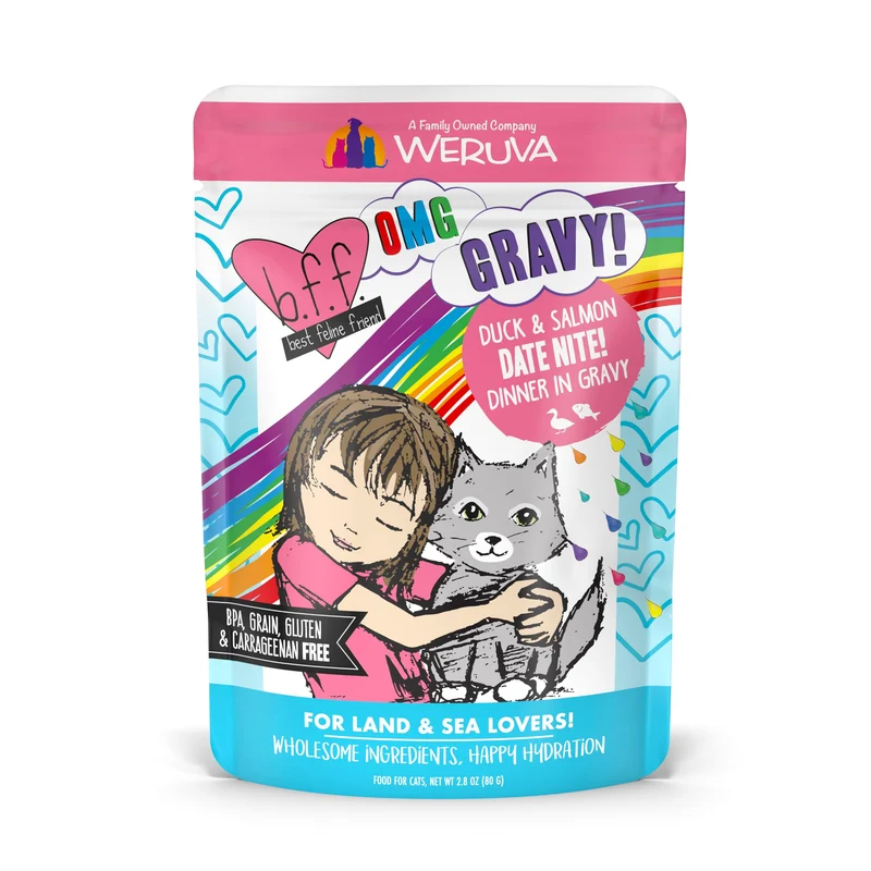 Weruva B.F.F OMG — Meilleur Ami Félin, Dîner Nocturne au Canard et Saumon en Sauce (Sachets 2,8 oz, 12 pièces)
