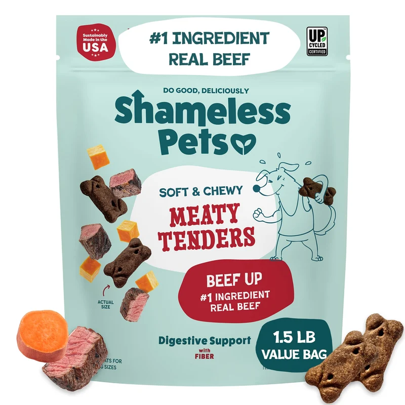 Shameless Pets Beef Up Meaty Tenders — Friandises moelleuses au bœuf (1,5 lb) sans céréales, sans maïs ni soja – soutien digestif