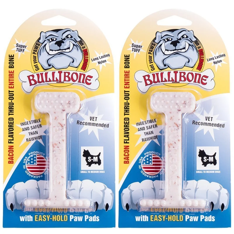 Bullibone — Os à mâcher en nylon pour chiens agressifs, goût bacon, durable et indestructible, lot de 2