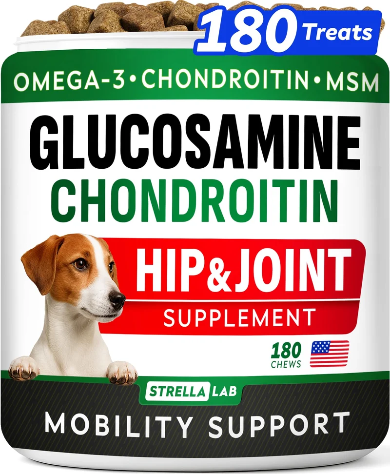 STRELLALAB Glucosamine pour Chien avec Chondroïtine — Mobilité & Soin des Hanches, Oméga-3, 180 Friandises, Fabriqué aux États-Unis