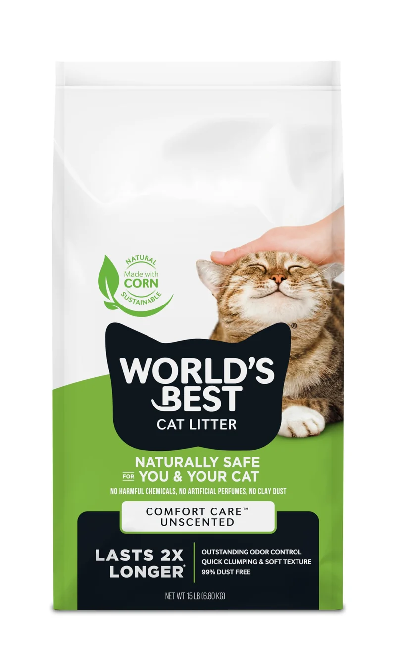 WORLD'S BEST CAT LITTER Comfort Care Sans Parfum – 15 livres | Ingrédients naturels, Agglomération rapide, Flushable, 99% Sans Poussière, Fabriqué aux États‑Unis – Contrôle durable des odeurs et Ramassage facile