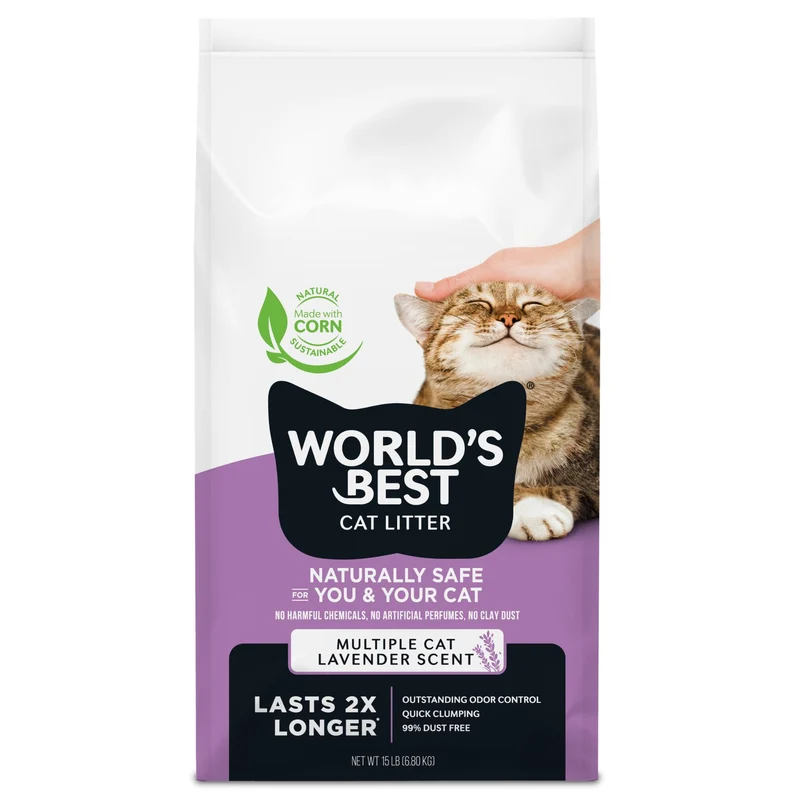 World's Best Cat Litter – Litière Lavande Multi‑Chats 15 lb • Maïs Naturel, Agglomération Rapide, Jetable, 99% Sans Poussière, Fabriqué aux États‑Unis