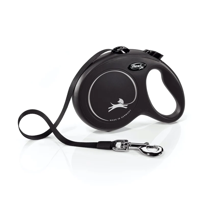 FLEXI New Classic Tape – Laisse Rétractable pour Grands Chiens jusqu’à 50 kg (110 lbs) – 16 pieds, Noir | Frein à une main, Pause, Verrouillage | Qualité allemande
