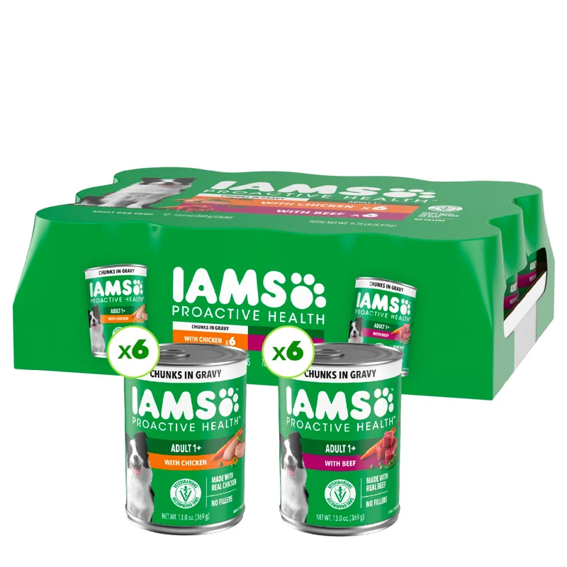 IAMS Proactive Health – Nourriture humide pour chien adulte, Morceaux de poulet et boeuf en sauce, Boîtes 13 oz, Pack de 12