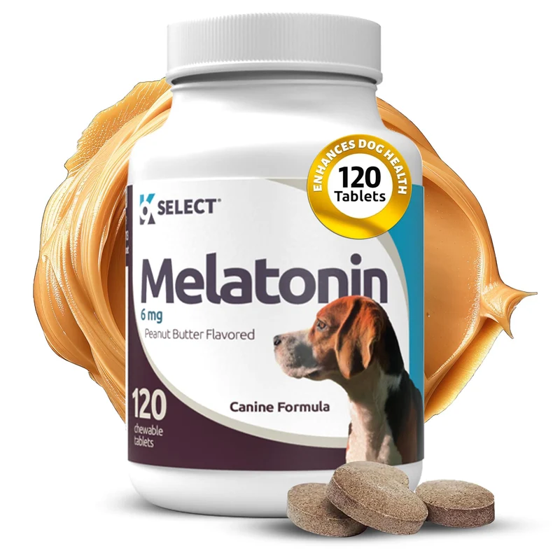 K9 Select Mélatonine pour Grands Chiens – Friandises Apaisantes 6 mg, Sommeil et Stress, Orages et Feux d Artifice, 120 Tablettes Beurre-d-arachide