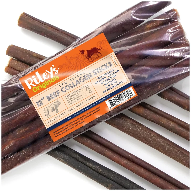 Riley's Bâtons de collagène de bœuf pour chiens – 12 pouces, longue durée, sans os, 10 pièces
