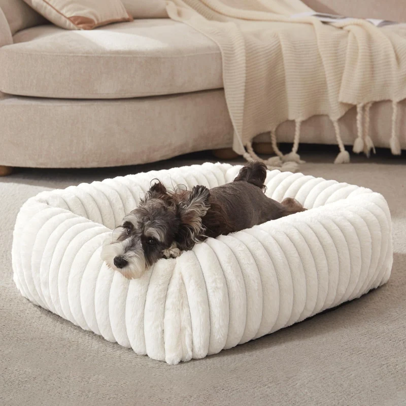 FURTIME Lit pour Chien Petit – Couchage Rectangulaire Doux avec Housse Amovible, Anti-Dérapant (50x48x15 cm), Crème
