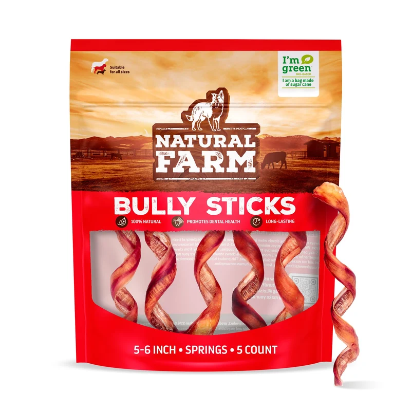 Natural Farm Bully Sticks Sans Odeur – Curly 5–6 po, Lot de 5, Bœuf 100 %, Digestibles, Grass-Fed, Non-OGM