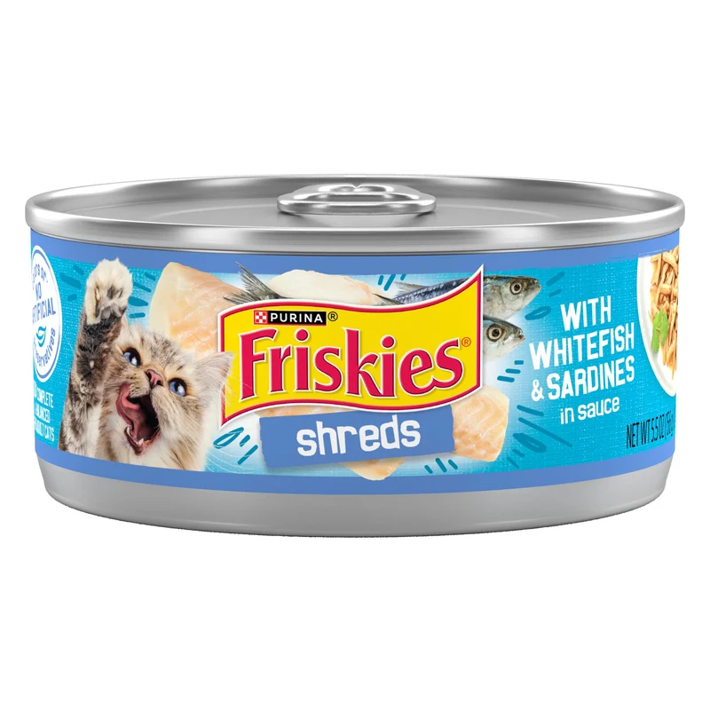 Purina Friskies – Alimentation humide pour chat, morue blanche et sardines en sauce, morceaux en shreds, lot de 24 boîtes 5,5 oz