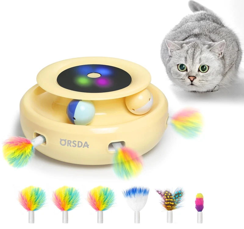 ORSDA – Jouet Chat 2-en-1 : Balle Interactive Automatique et Plumes pour Chats d’Intérieur