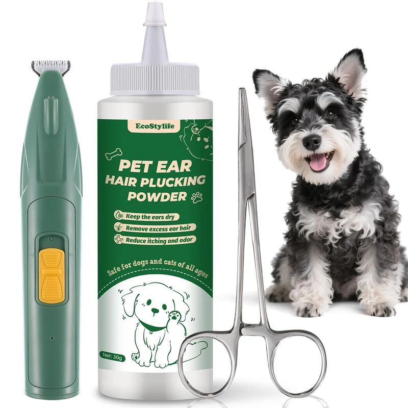 EcoStylife Kit Grooming Oreilles pour Chiens – Poudre 30 g, Pince à Epiler 5,5 pouces et Tondeuse Électrique 18 mm