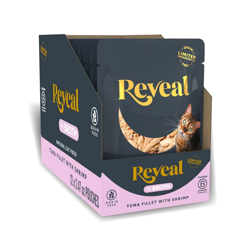 Reveal – Alimentation humide naturelle pour chats : thon en filet et crevettes dans bouillon, ingrédients limités