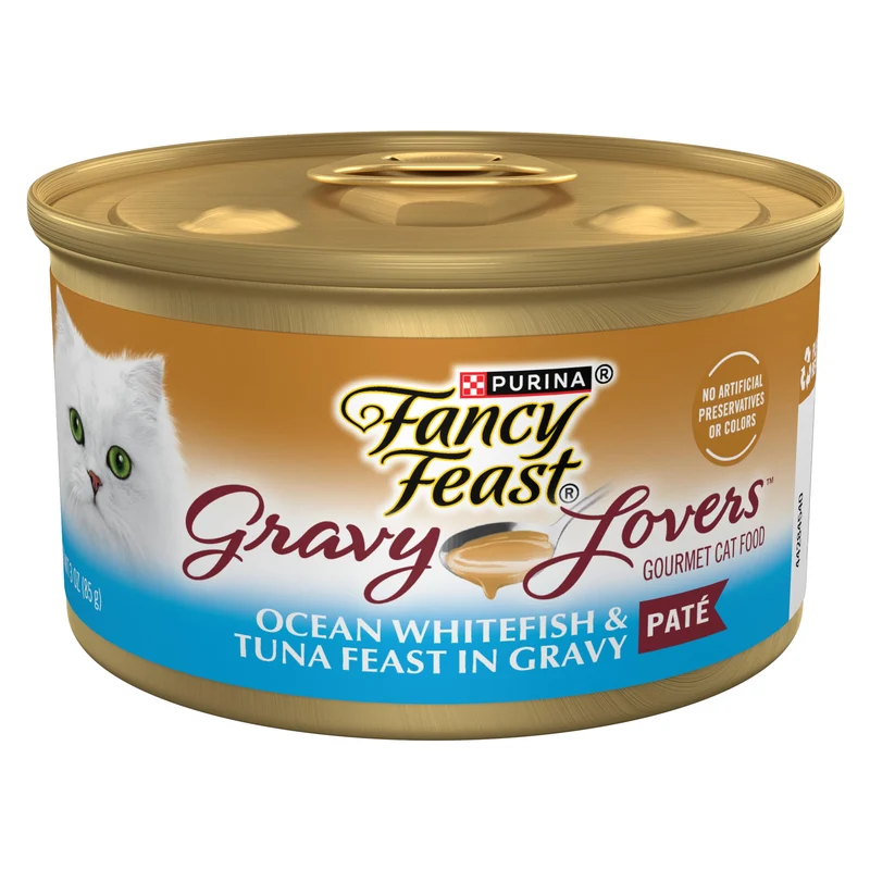 Purina Fancy Feast Gravy Lovers Poisson blanc de l’océan et thon – Pâté en sauce, 85 g, Pack de 24