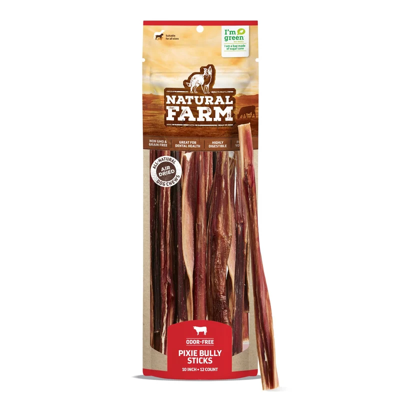 Natural Farm Bâtonnets Bully Pizzle Pixie Chew – 10 pouces, 12 paquets, Sans céréales, Protéine élevée