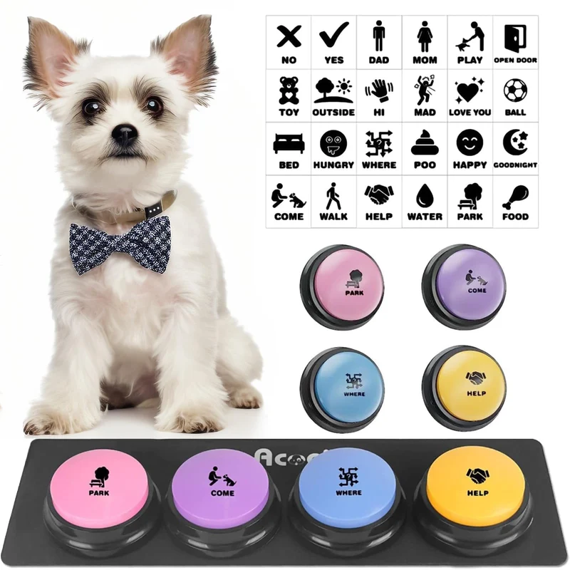 Acools : Boutons Parlants pour Chien — Ensemble de 4 Boutons de Communication, Tapis Anti-Dérapant et 48 Autocollants de Scènes