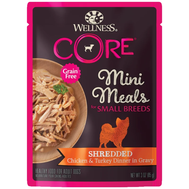 Wellness CORE Sans Céréales — Mini Repas Humides pour Petits Chiens, Poulet & Dinde en Sauce, Sachets 3 oz (12 unités)