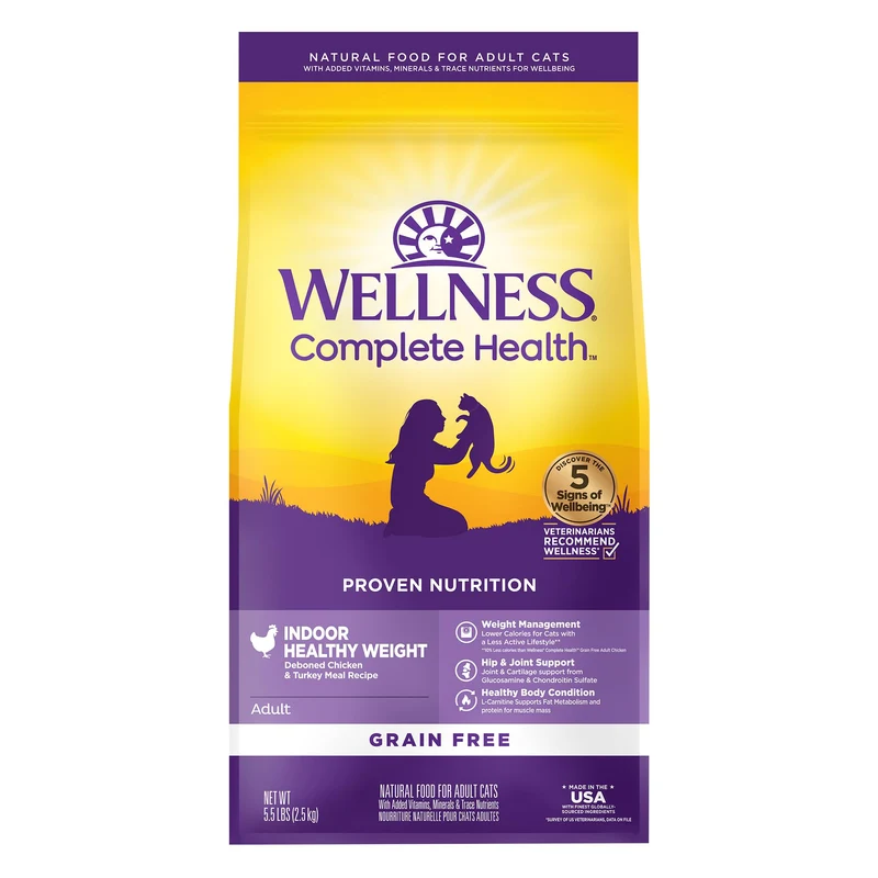 Wellness Complete Health Poids Santé Chat Adulte Indoor - Sans Céréales Poulet & Dinde, Grain Free, 2,5 kg
