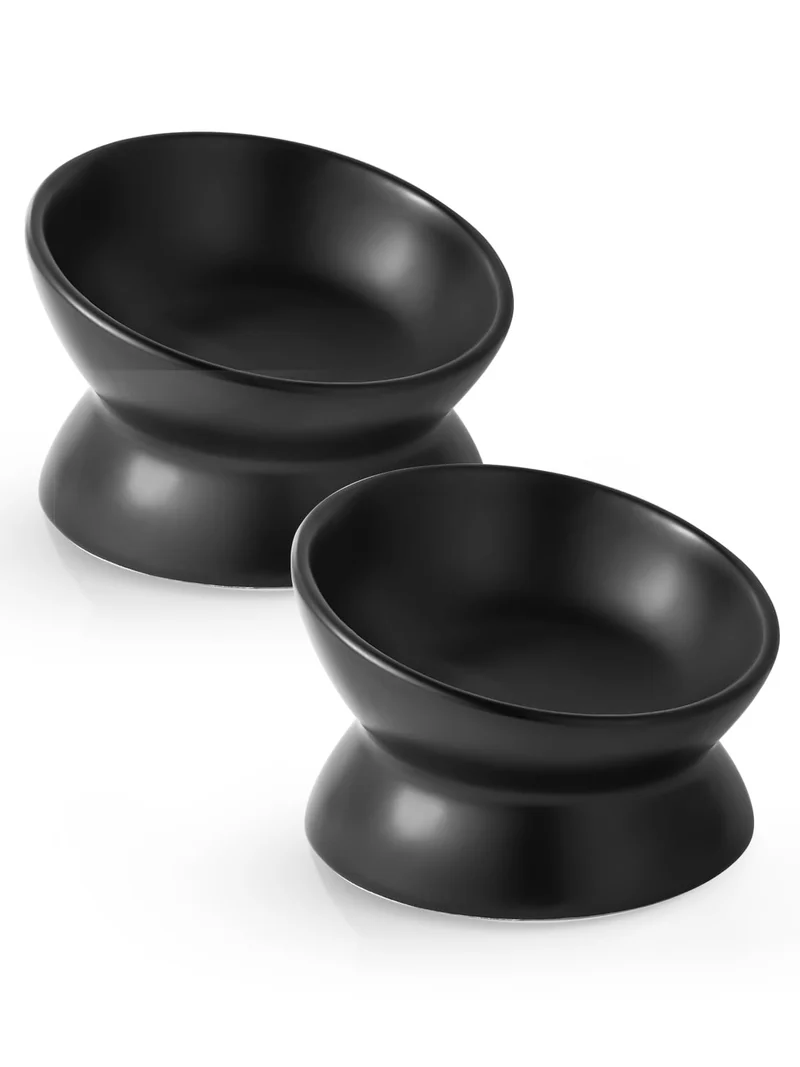 LoeJan Bol Chat Surlevé et Incliné – Céramique 5 Oz, Anti Vomissements, Lot de 2 (Noir)