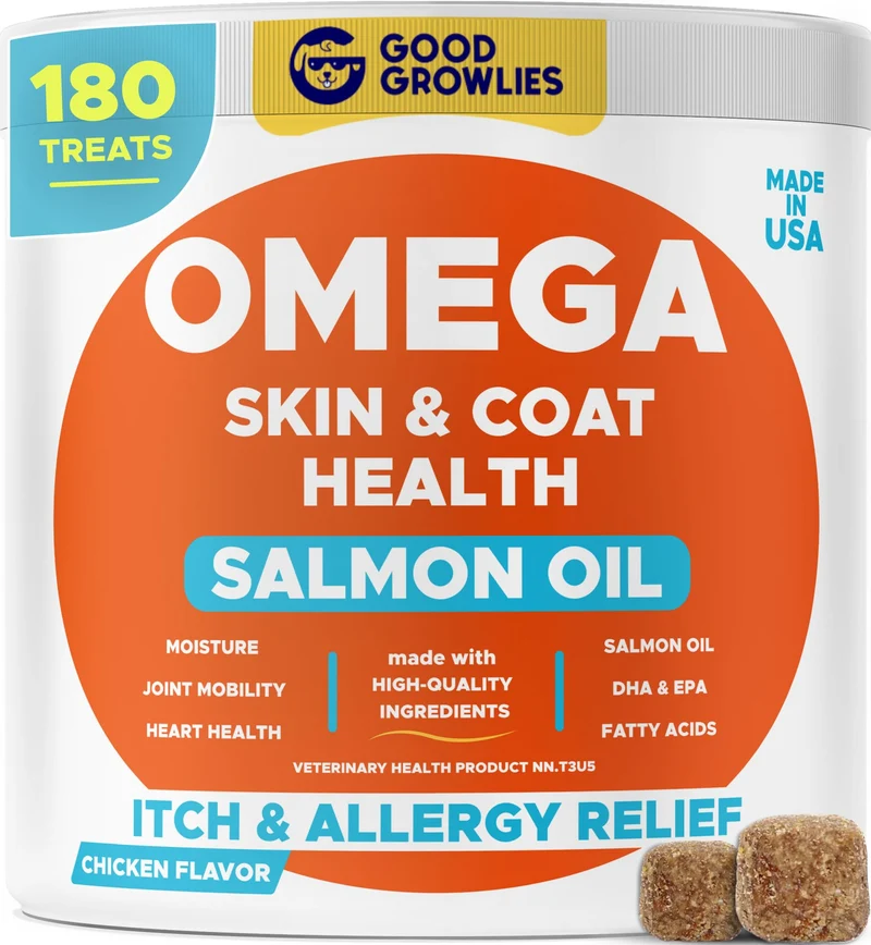 Omega 3 Poisson pour Chiens (180 friables) – Soin peau et pelage, EPA & DHA – Huile de saumon naturelle | GOODGROWLIES