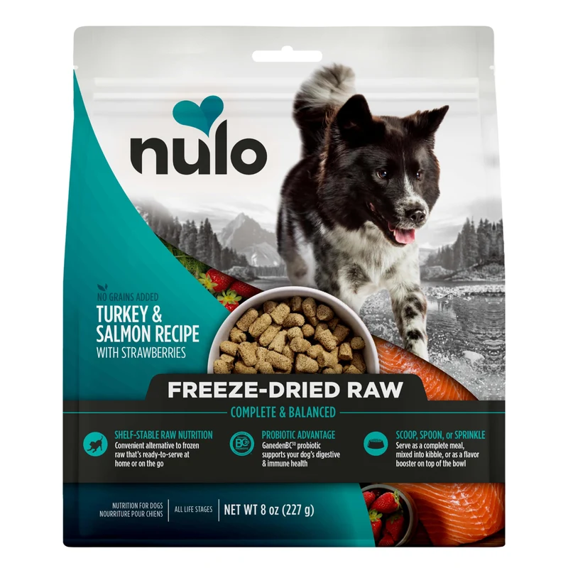 Nulo – Repas sec lyophilisé Dinde et Saumon avec Fraises, nutrition complète pour chien, 8 oz