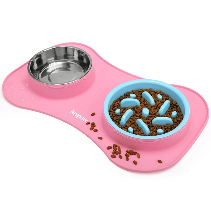 Anipaw Bol Alimentaire Lent 3-en-1 – Inox 27oz + Tapis Silicone Anti-Débordement (Rose/Bleu)