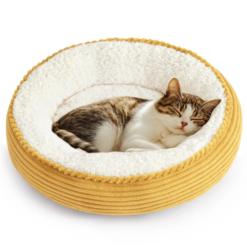 Love's cabin - Nid rond Donut pour chat et petit chien, 20 po, anti-glisse et résistant à l'eau, tissu ultra-doux, rayures jaunes