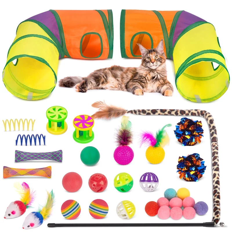 Retro Shaw – 33 pièces de jouets pour chat intérieur: tunnels, jeux interactifs et accessoires