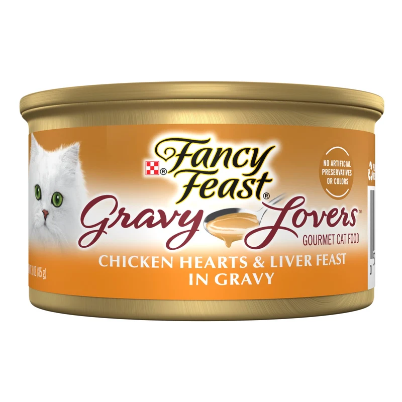 Fancy Feast Gravy Lovers – Cœurs de poulet et foie en sauce grillée, repas humide gourmet pour chat (pack 24 x 85 g)