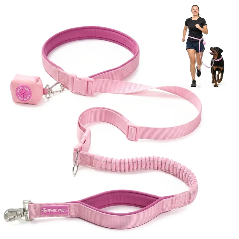Spark Paws Laisse Sans Mains pour Chien – Laisse Bungee à la Taille, Clip Ceinture Voiture et Kit Sacs, Laisse Tactique Robuste pour Races Moyennes à X-Large – Rose