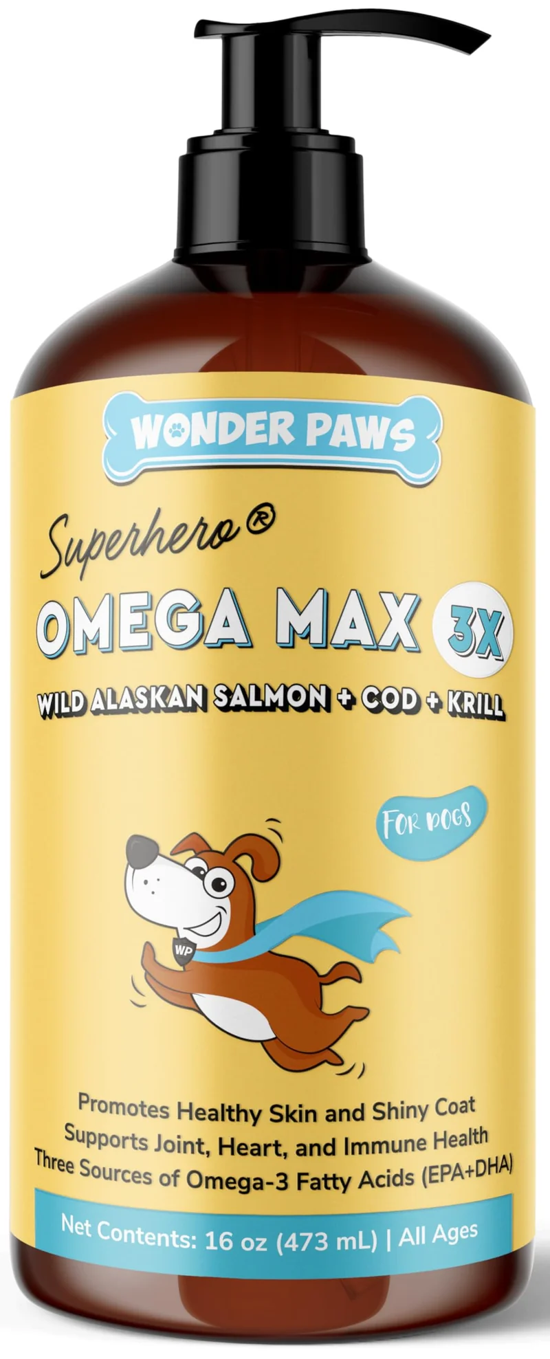 Wonder Paws Huile Poisson pour Chiens – Oméga 3 d’Alaska, Morue et Krill – EPA DHA – Moins de démangeaisons et pelage sain – Santé peau, articulations, cœur et immunité – Flacon liquide 16 oz