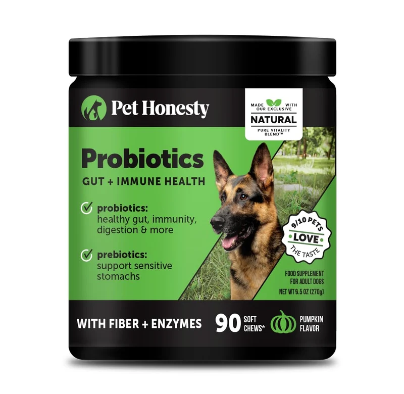 Pet Honesty – Probiotiques pour chien 6 milliards CFU avec prébiotiques, enzymes et fibre – Aide quotidienne pour digestion, gaz et démangeaisons (citrouille, 90 friandises)