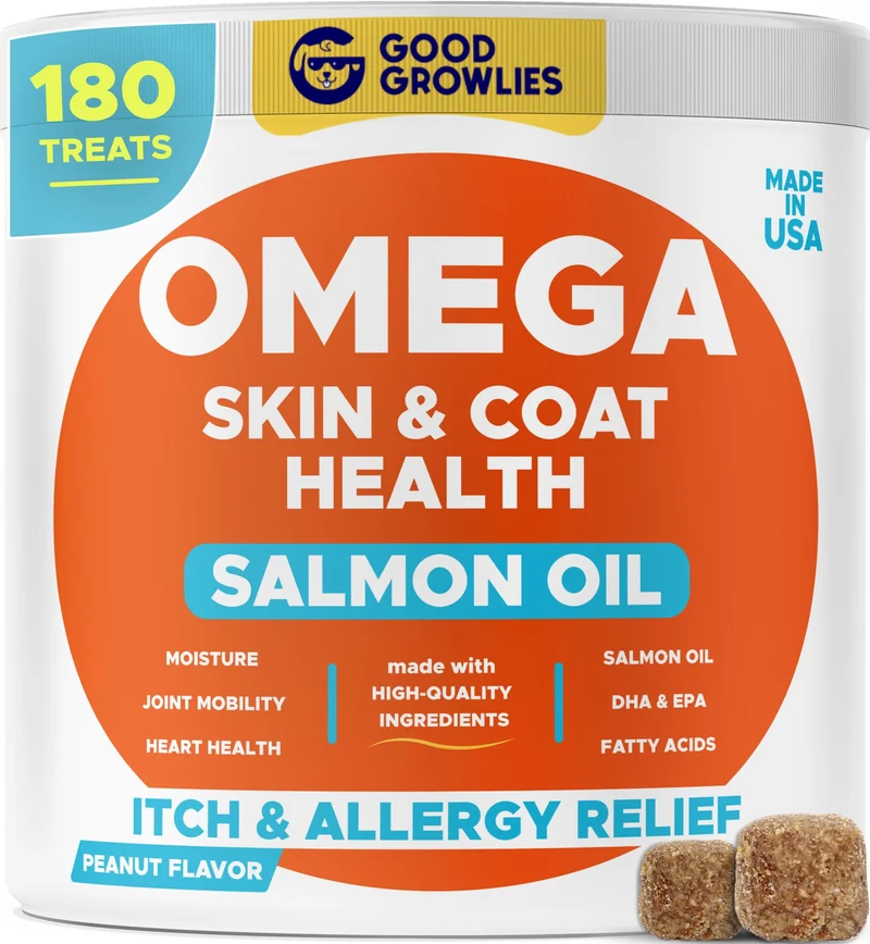 GOODGROWLIES Oméga 3 pour chiens – Bouchées huile de poisson (180) – Soin peau et pelage, démangeaisons, EPA et DHA