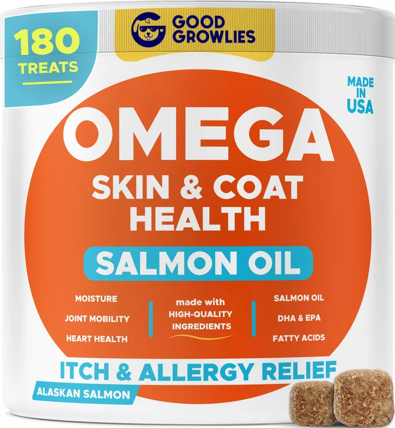 GOODGROWLIES Omega 3 pour Chiens (180 ct) – Soin peau & poil, EPA&DHA – Huile saumon Alaskan