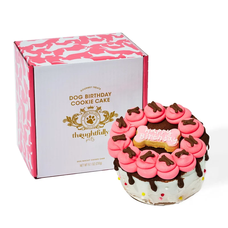 Thoughtfully Pets – Gâteau mini-biscuit pour chien rose, anniversaire, beurre de cacahuète, décoré à la main