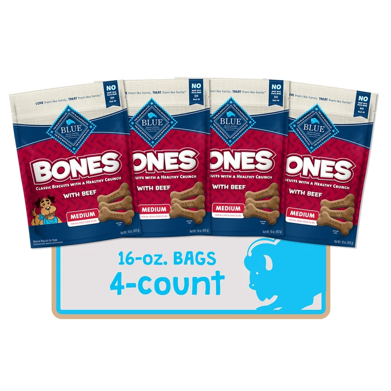 Blue Buffalo Bones – Friandises croquantes au boeuf pour chien moyen, 4 paquets de 16 oz