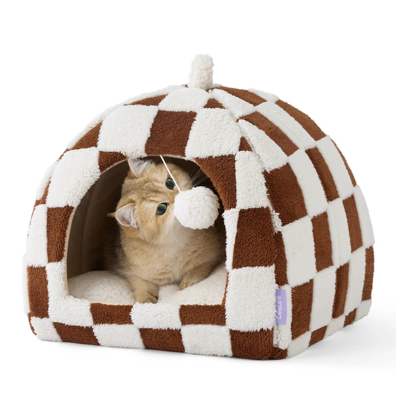 LE SURE Lit-chat 2 en 1 — Caverne douillette pour chatons et petits animaux, 16 pouces, Marron