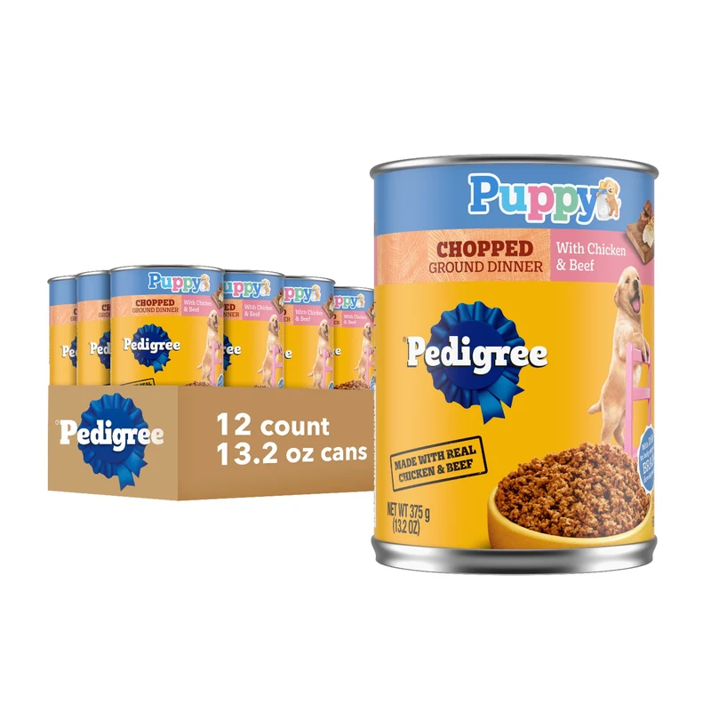 Pedigree Puppy Chopped Ground Dinner - Nourriture humide pour chiots au poulet et bœuf, 12 boîtes de 375 g