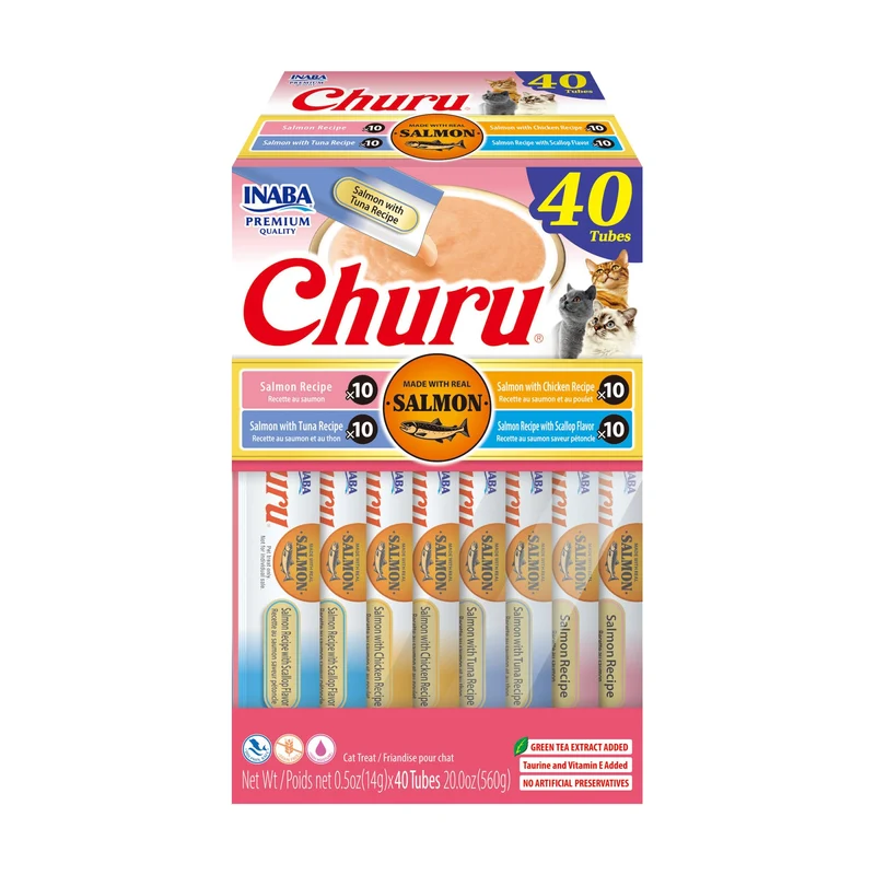 INABA Churu Purée Lickable Saumon pour Chat – Taurine, Thé Vert, Lot de 40 Tubes