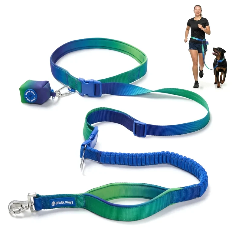 Spark Paws Laisse Sans Mains – Absorption d’Impact, 2 Poignées Rembourrées, Clip Ceinture – Lime Wave