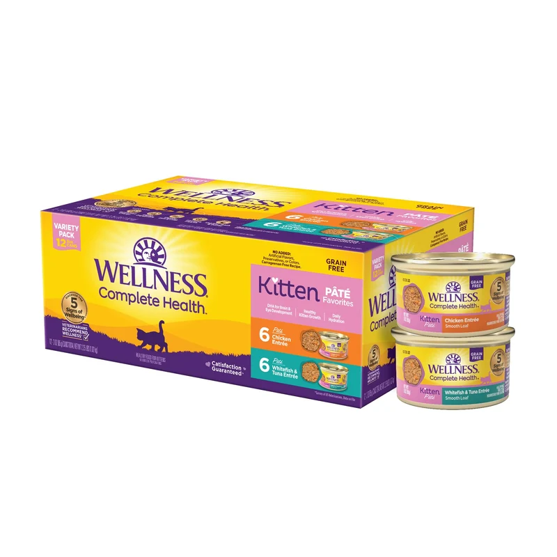 Wellness Complete Health Pâté Chaton – Pack Variété Sans Céréales, Poulet et Poisson, 3 oz, 12 boîtes
