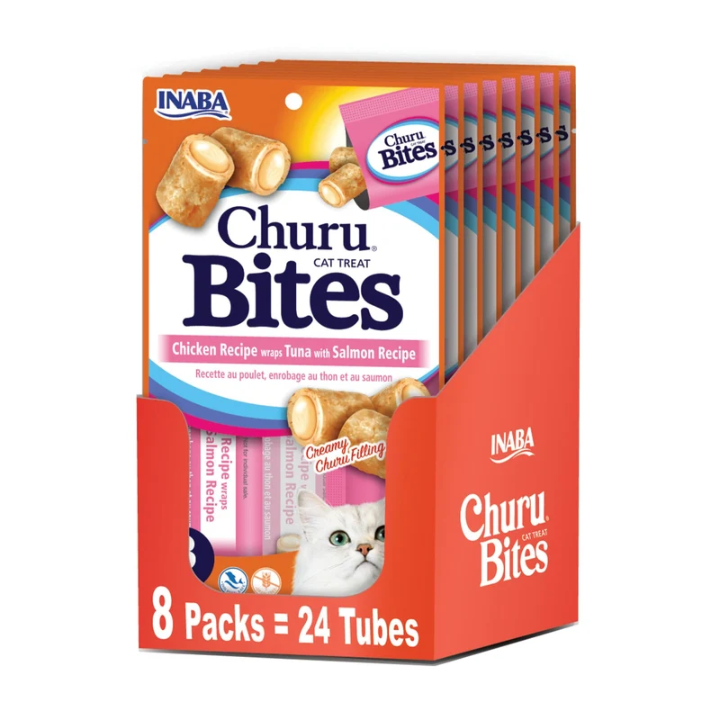 INABA Churu Bites pour Chats – Tubes au Thon et Saumon, 24 Tubes (3 par Pack) – Sans Conservateurs Artificiels