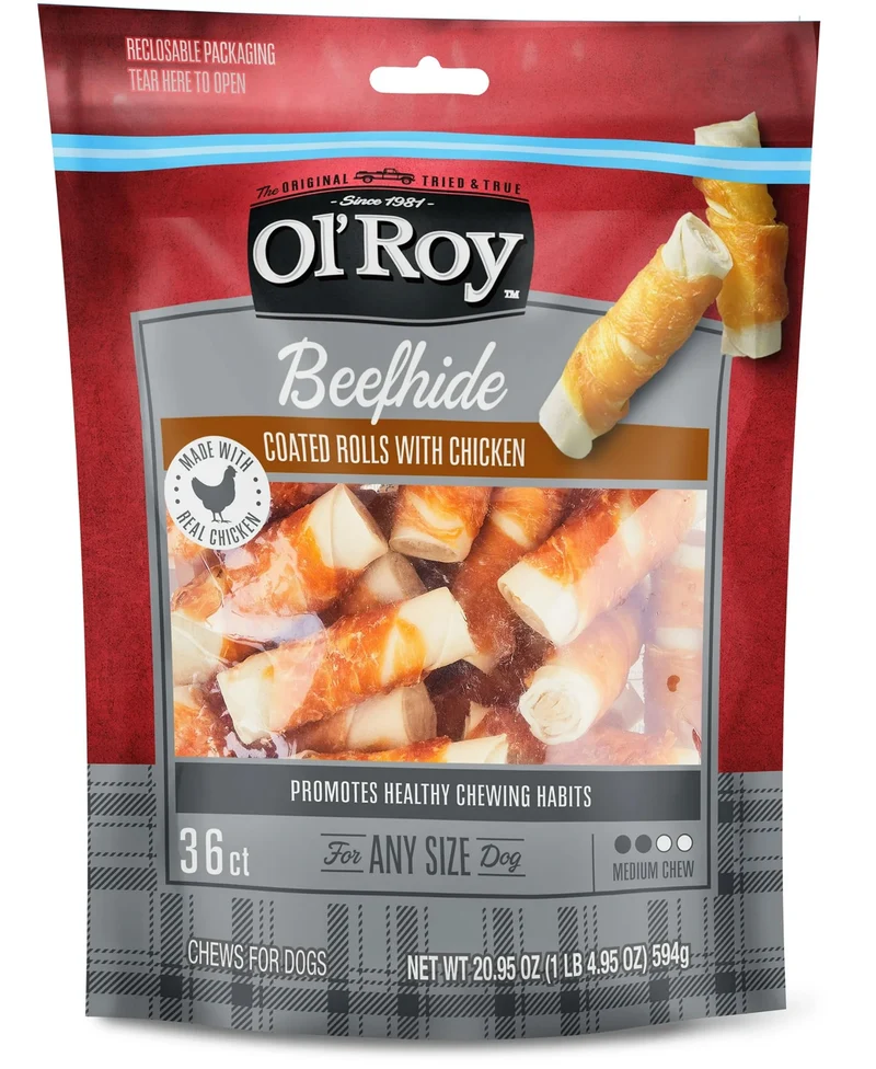 Generic Beefhide Rolls enrobés de poulet – 36 bâtonnets, 20,95 oz, mastication longue pour tous les chiens
