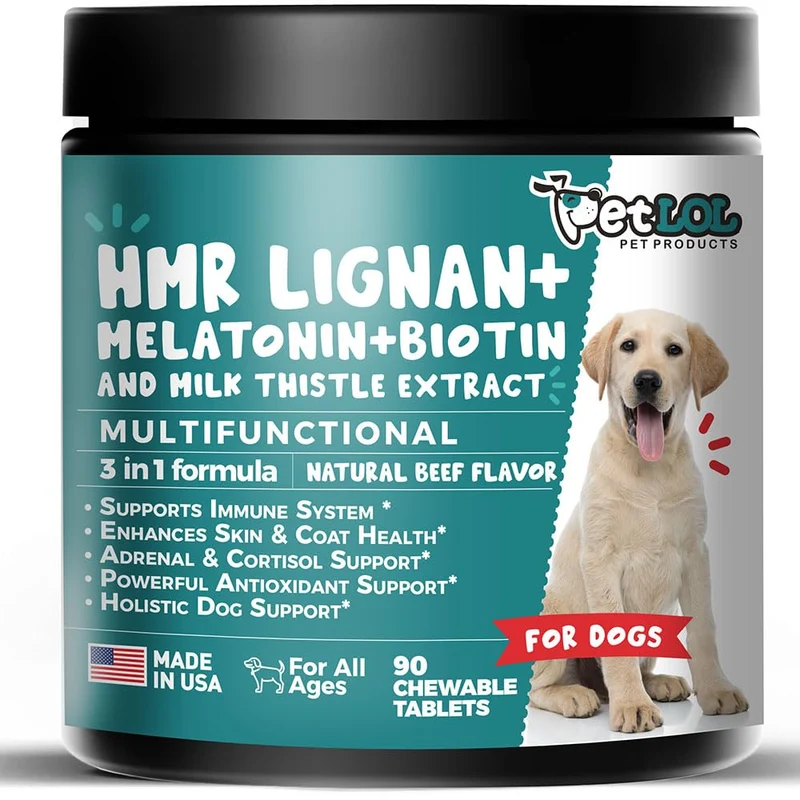 PET LOL HMR Lignan + Mélatonine + Biotine + Milk Thistle pour chiens | Formule 4-en-1 | Soutien surrénal et cortisol normaux | Santé peau et pelage | Digestive | 90 comprimés à mâcher | Goût boeuf naturel